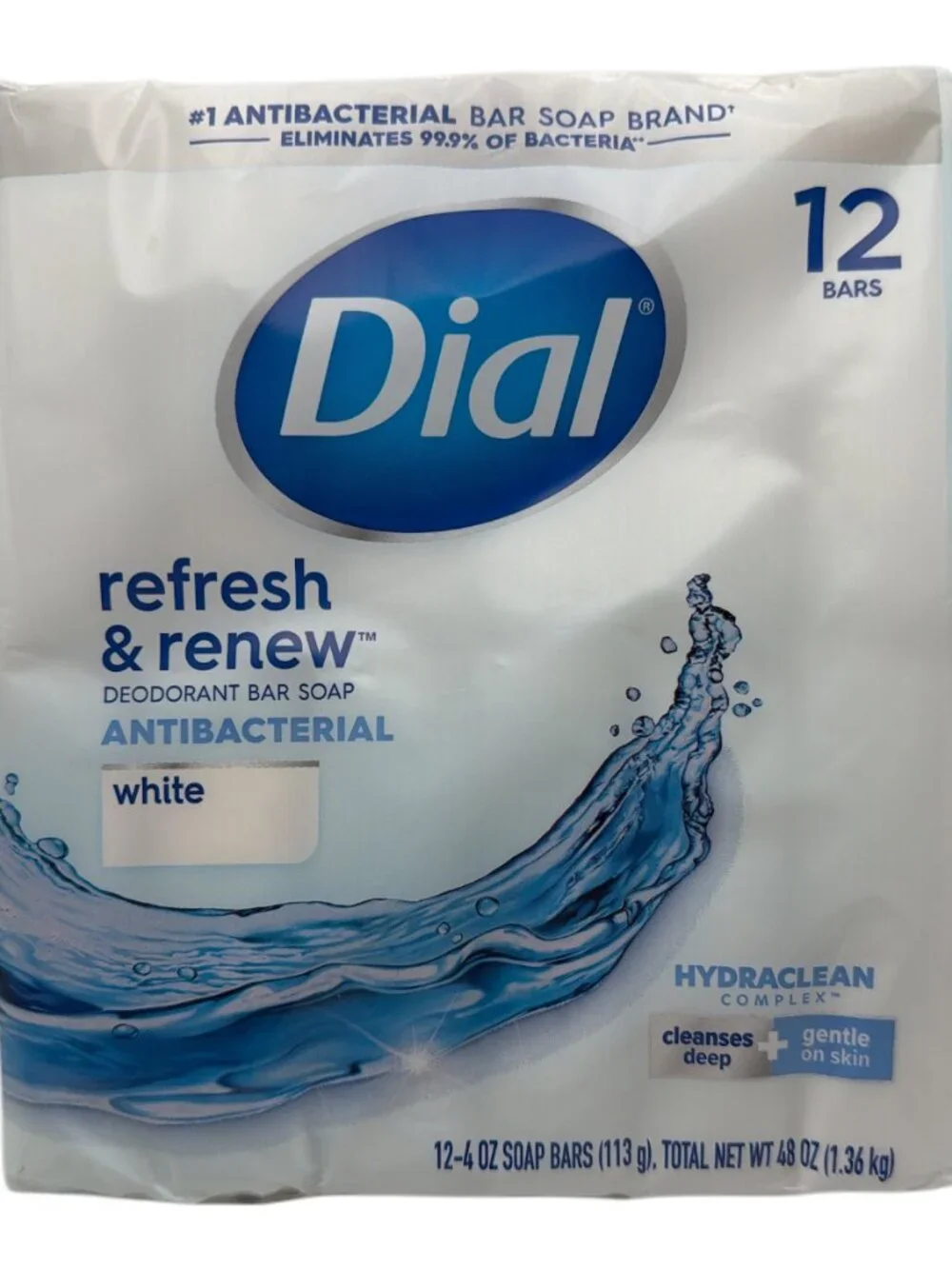 Dial Antibacterial Bar Soap, Refresh & Renew,‎ White, 4 oz, 12 Bars NEW